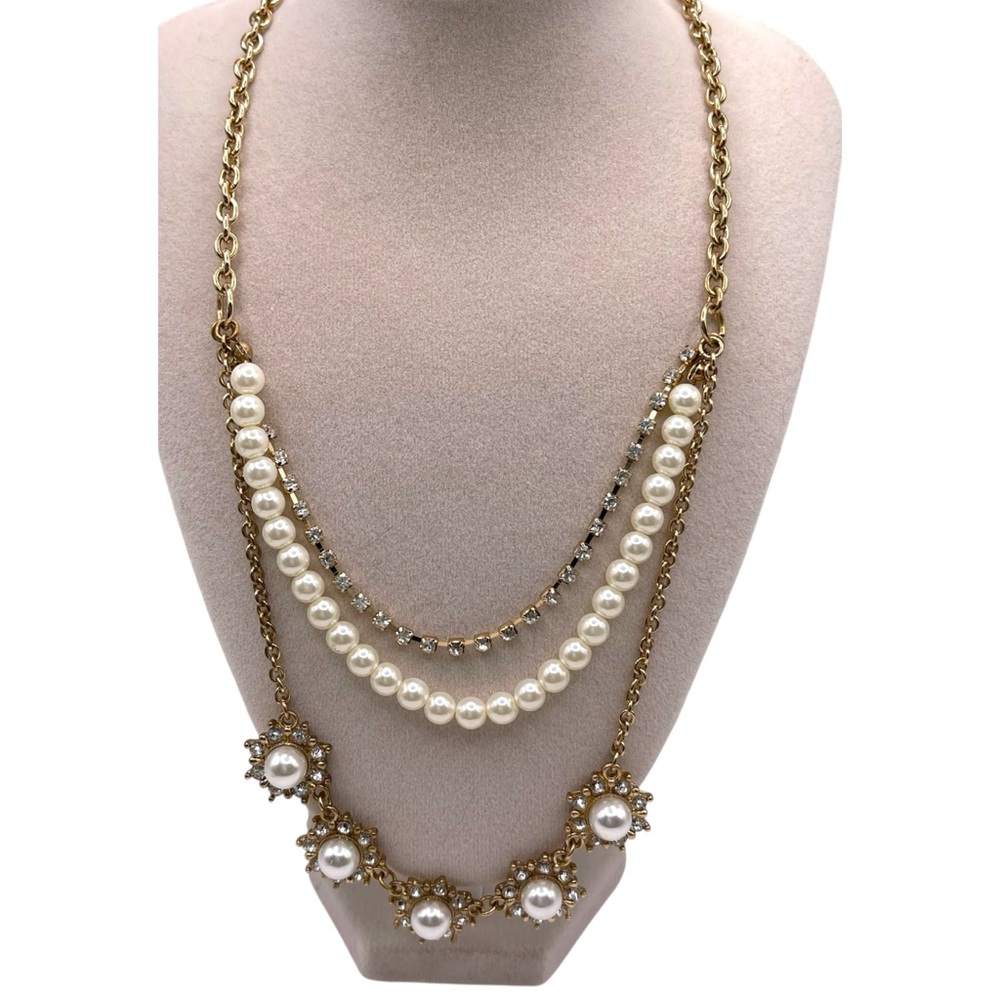 ❤️ Pearl x Rhinestone Triple Layer Gold Tone Necklace - Picture 5 of 5